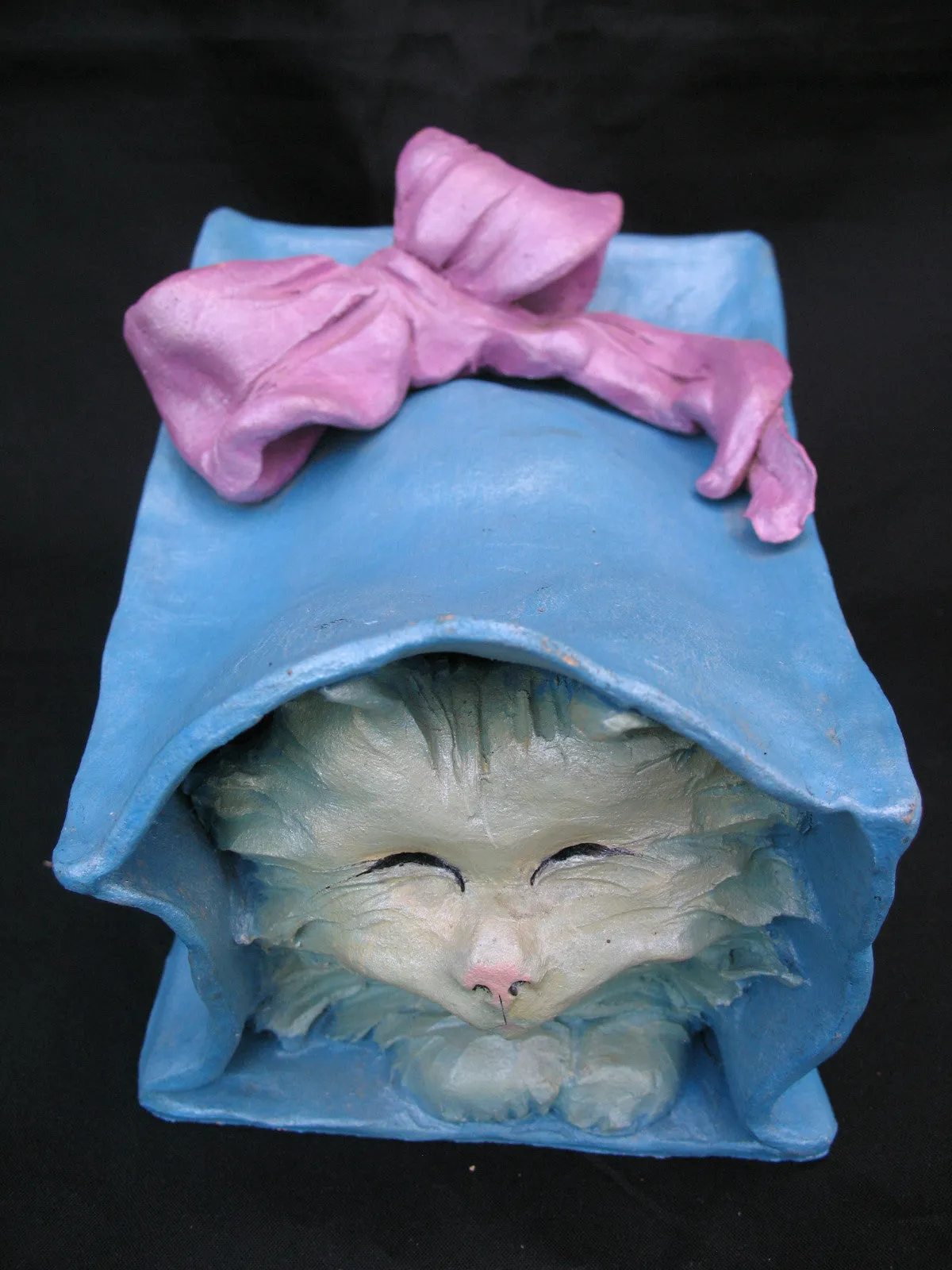 Vintage Ceramic CAT KITTY KITTEN Art Pottery BLUE Gift PAPER BAG Pink Ribbon W92