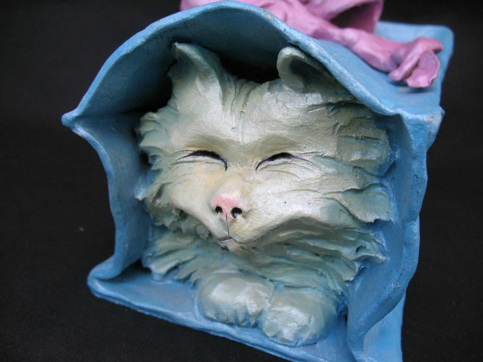 Vintage Ceramic CAT KITTY KITTEN Art Pottery BLUE Gift PAPER BAG Pink Ribbon W92