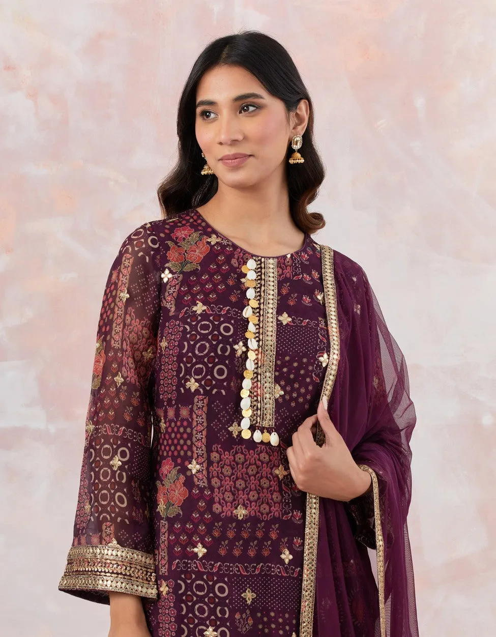 Wine Embellished Sharara Set
