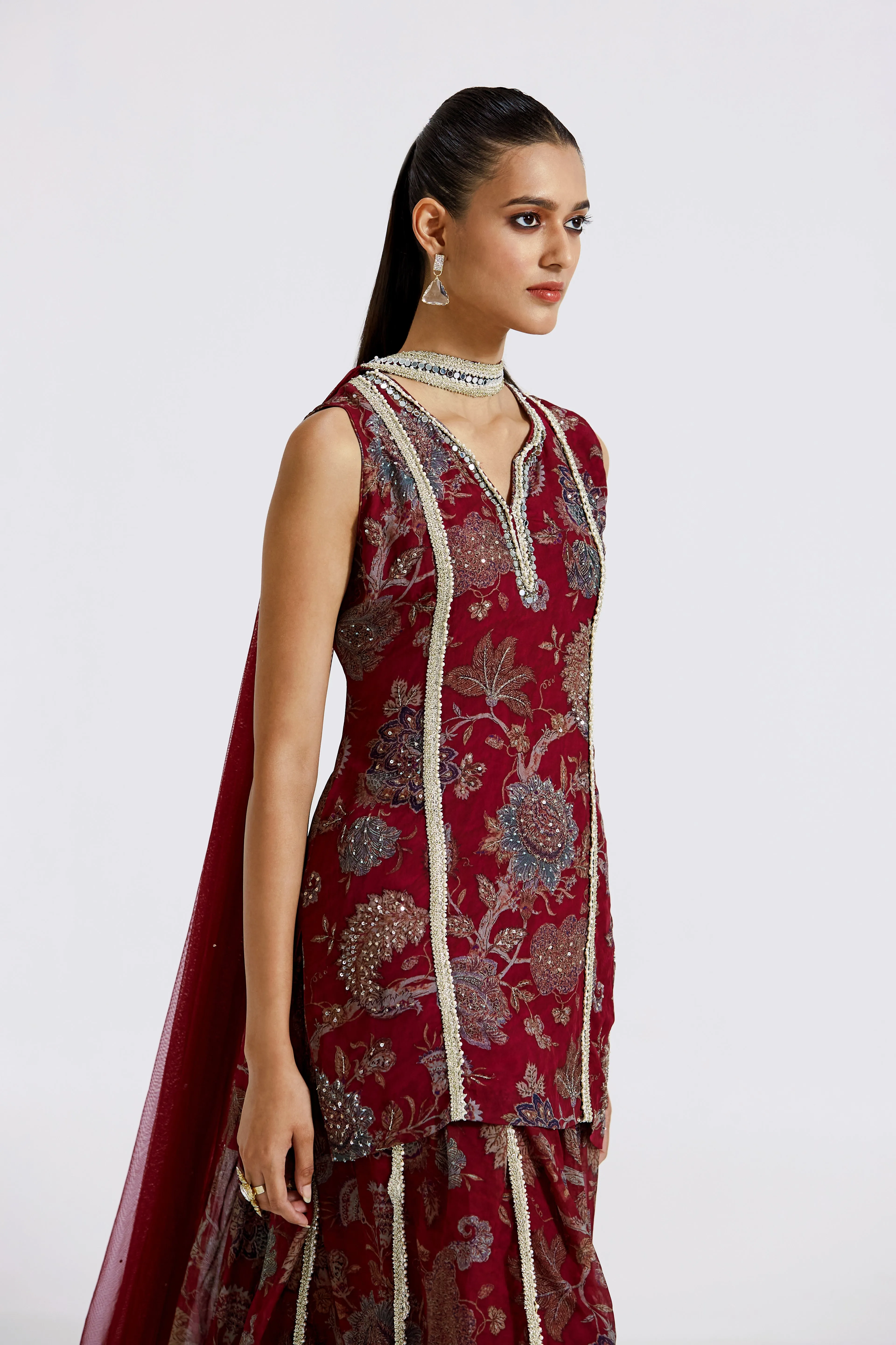 Wine Floral Sharara Set