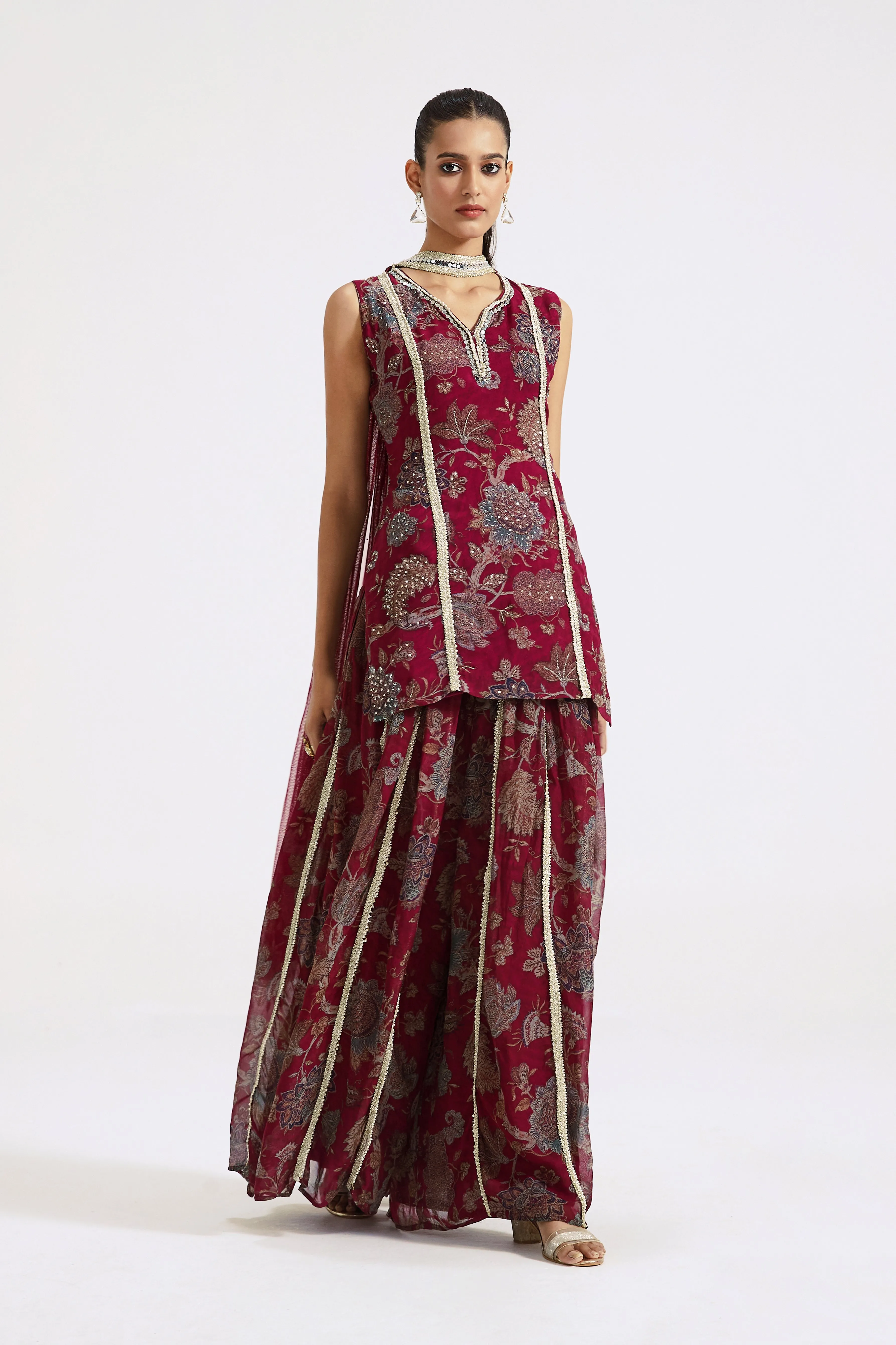 Wine Floral Sharara Set