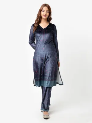 Wine Printed Velvet Kurta Set with Swarovski Work