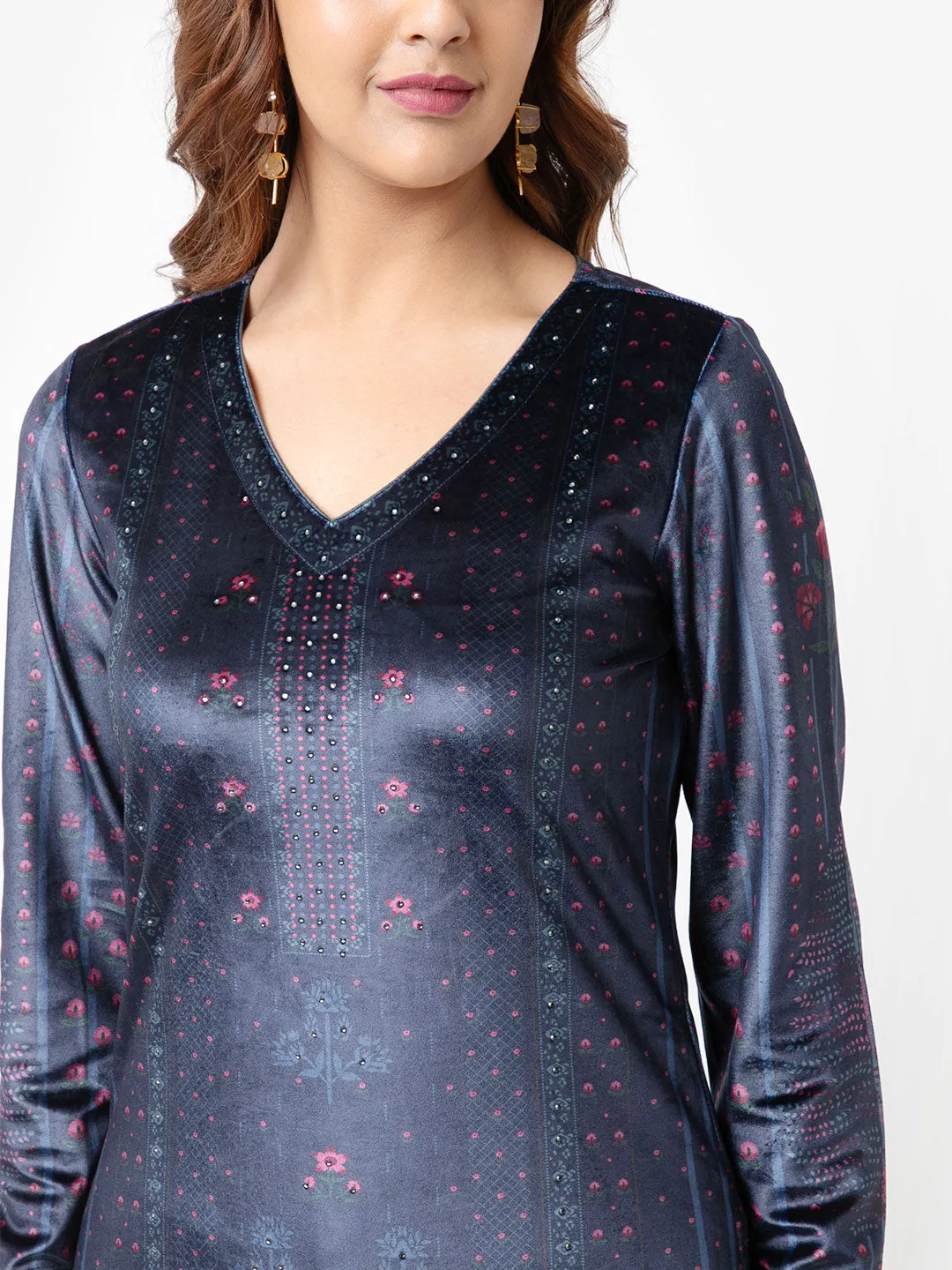 Wine Printed Velvet Kurta Set with Swarovski Work