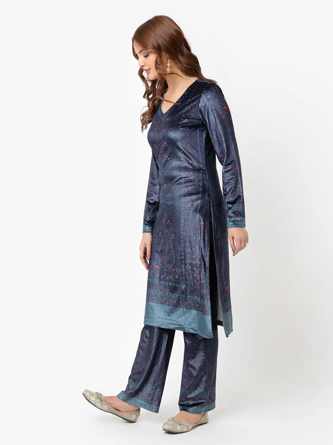 Wine Printed Velvet Kurta Set with Swarovski Work